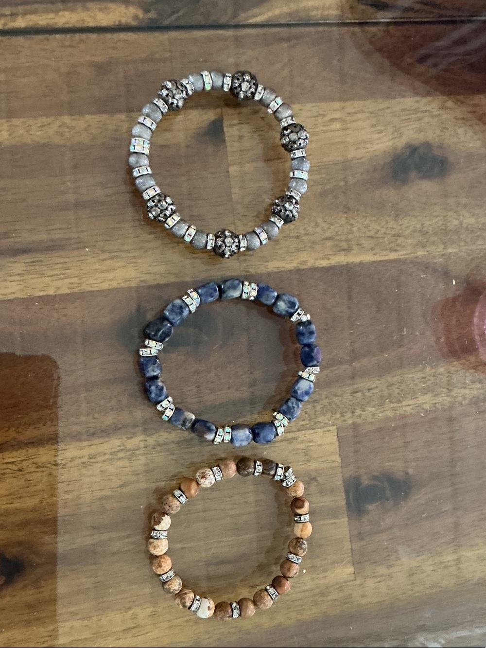 Beaded Stretch Bracelet Trio - Silver, Blue, Brown